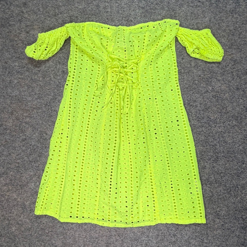 ASOS‎ Neon Yellow Eyelet Lace-Up Back Off Shoulder Mini Dress Bright Summer